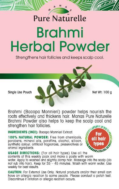 Accelerates hair growth, reduces hair fall, strengthens hair follicles... Manas Pure Naturelle  100% Natural Brahmi* Herbal Powder for all hair types (4 Weekly Single Use Pouches)